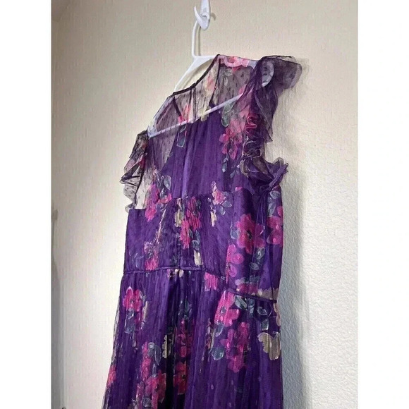 Mac Duggal Leena Cap Sleeve Floral A Line Dress Pleated Dot Tulle Womens Size 8 - Picture 7 of 14